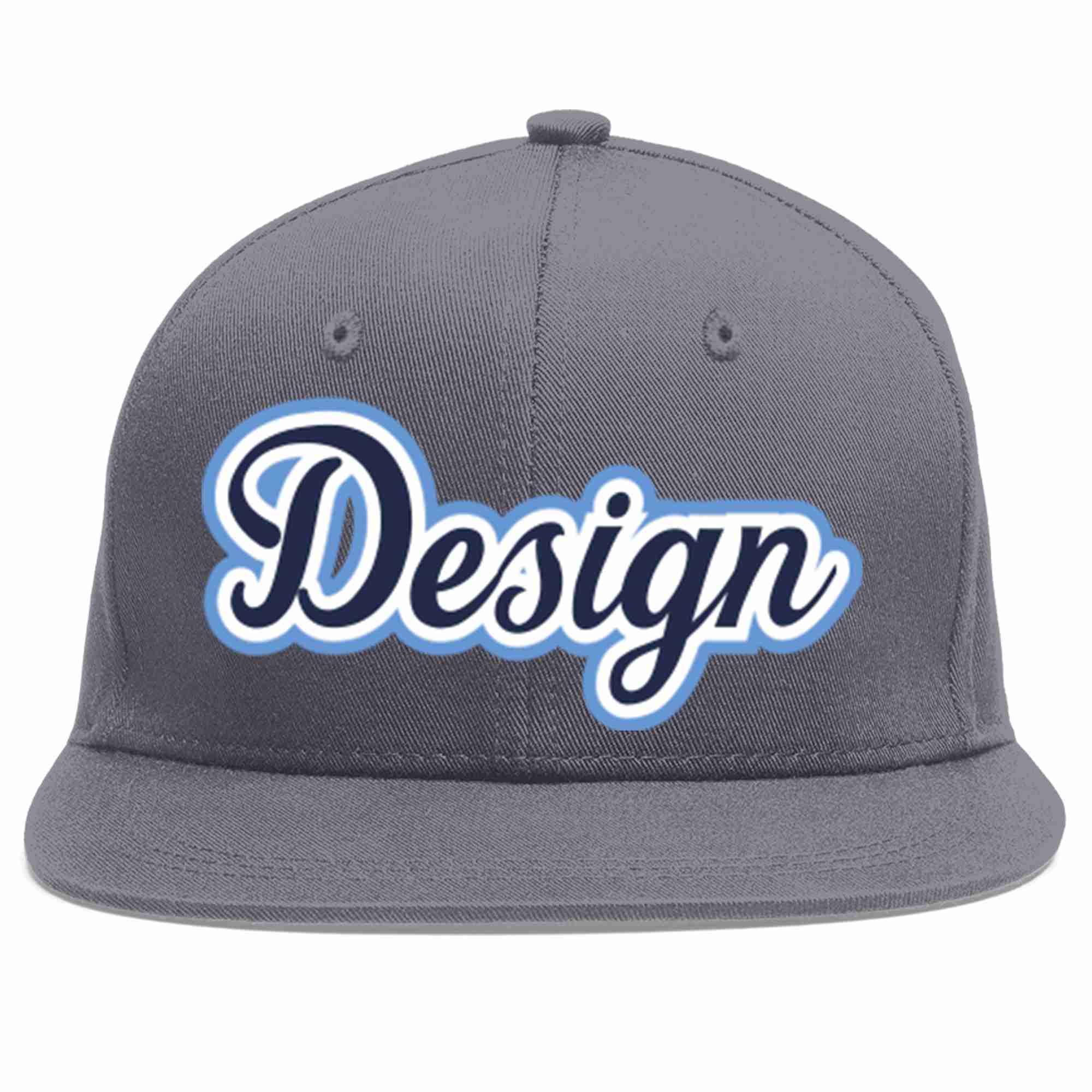 Custom Dark Gray Navy-White Flat Eaves Sport Baseball Cap Design for Men/Women/Youth