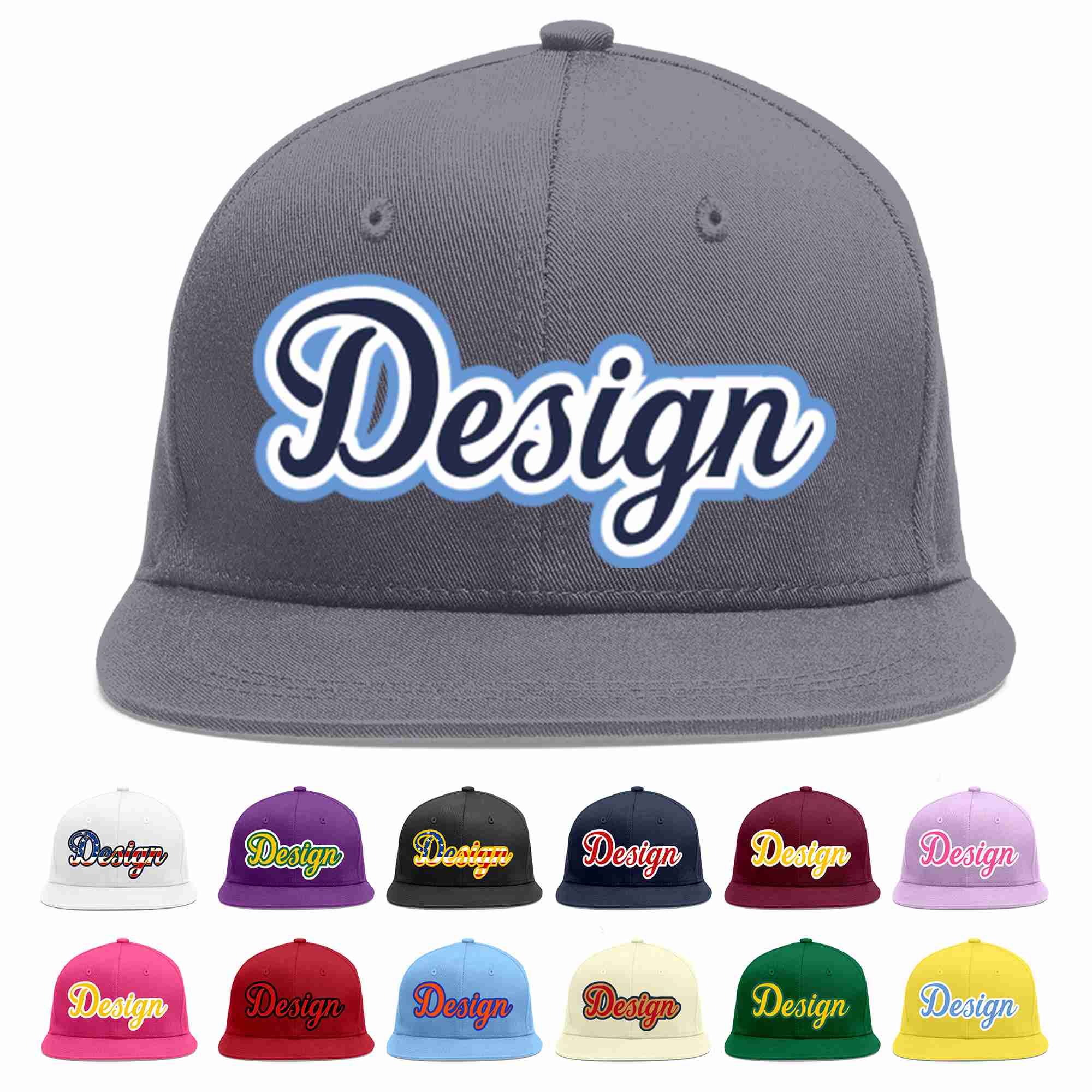 Custom Dark Gray Navy-White Flat Eaves Sport Baseball Cap Design for Men/Women/Youth