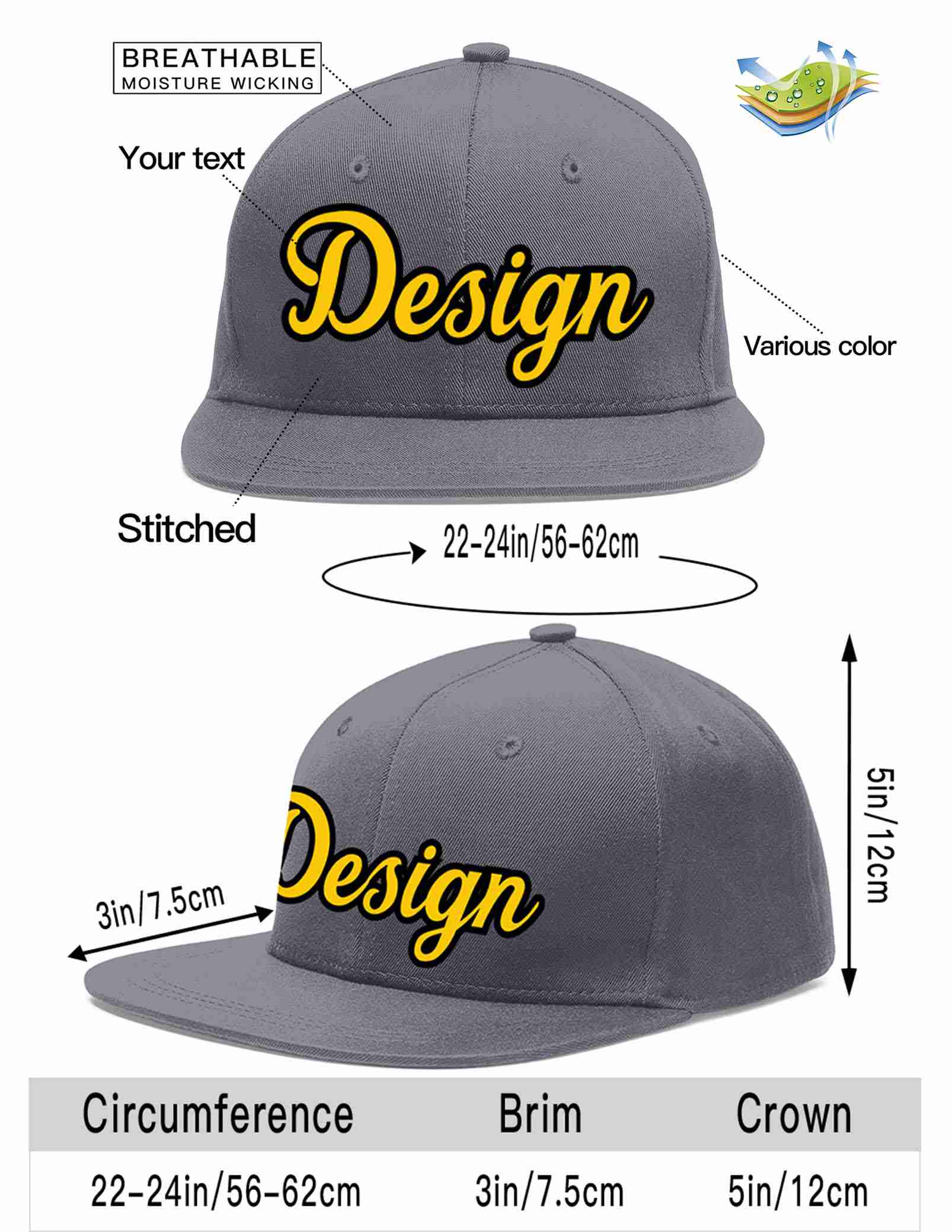 Custom Dark Gray Gold-Black Flat Eaves Sport Baseball Cap Design for Men/Women/Youth