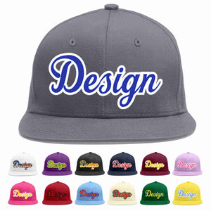 Custom Dark Gray Royal-White Flat Eaves Sport Baseball Cap Design for Men/Women/Youth