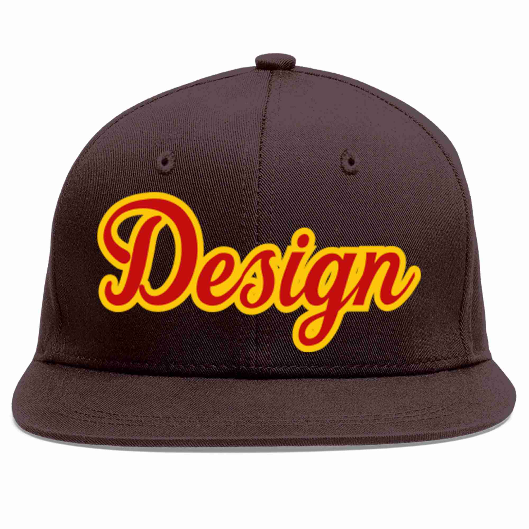 Conception personnalisée de casquette de baseball de sport à Eaves plates marron rouge-jaune pour hommes/femmes/jeunes