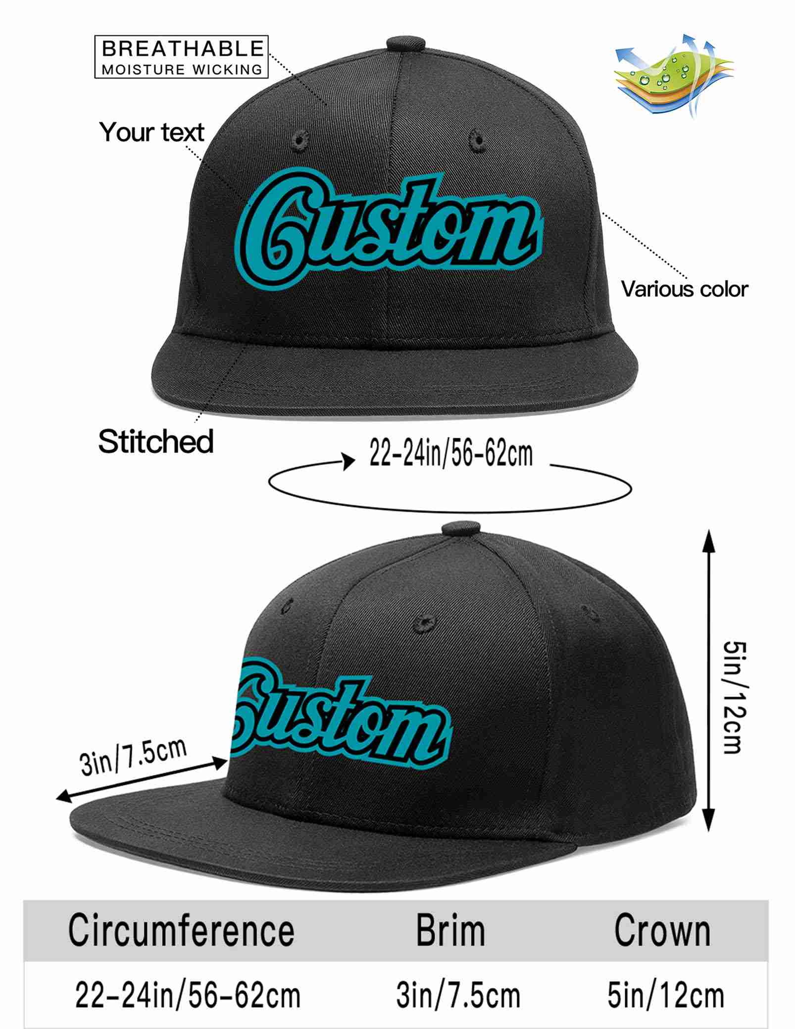 Custom Black Aqua-Black Casual Sport Baseball Cap