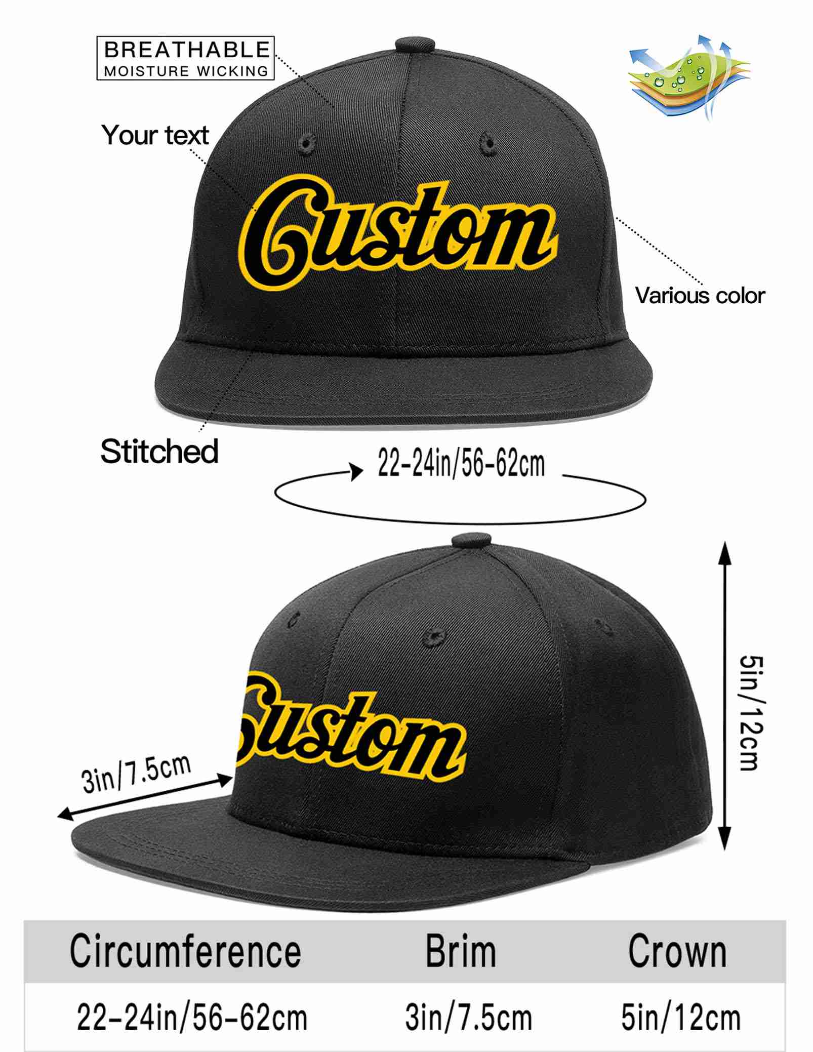 Custom Black Black-Gold Casual Sport Baseball Cap