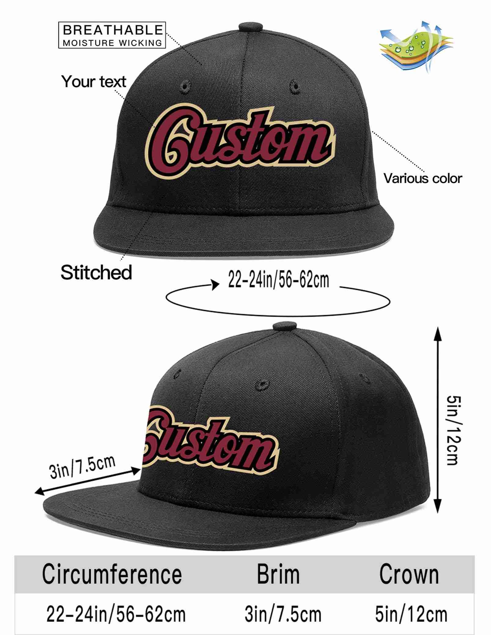 Custom Black Crimson-Black Casual Sport Baseball Cap