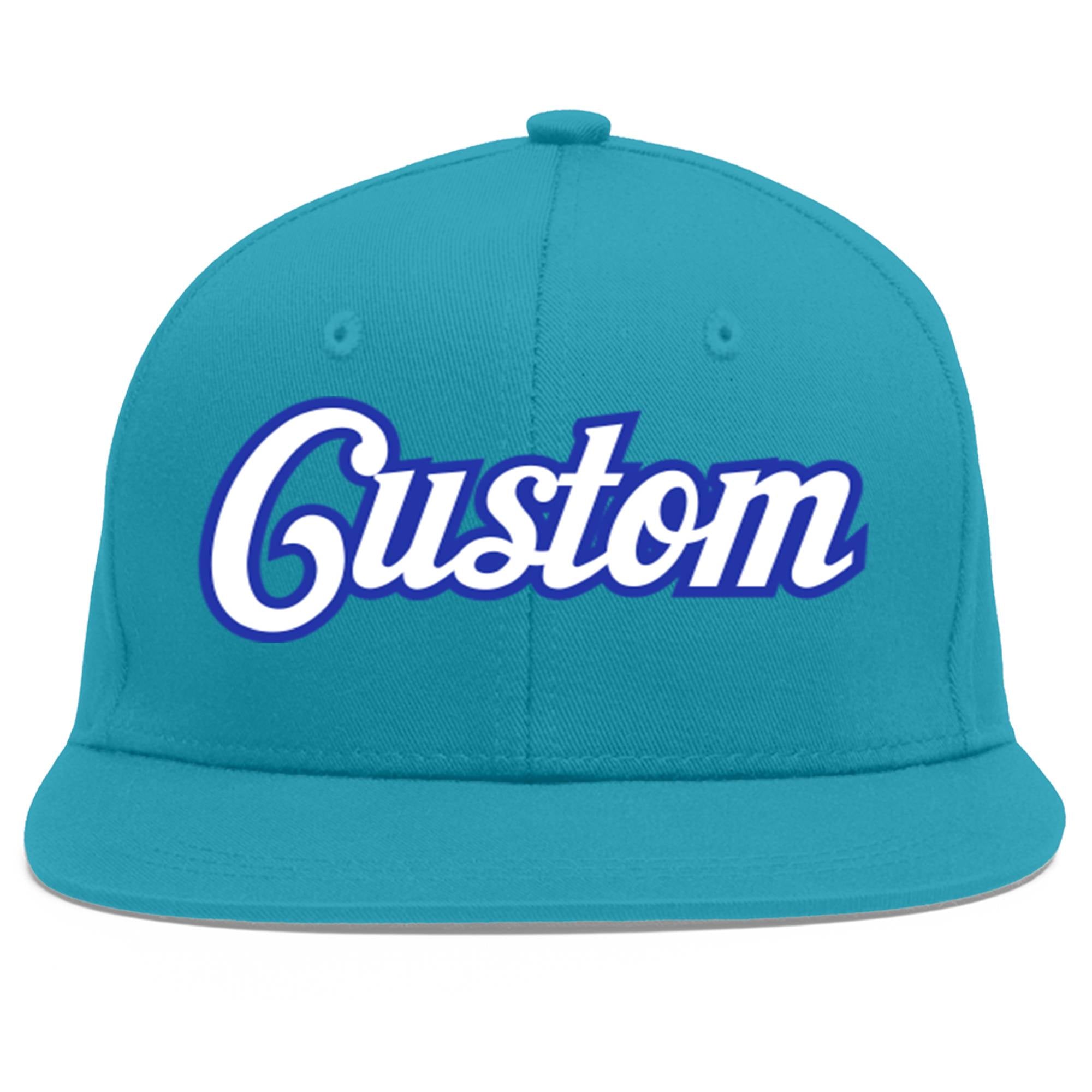 Custom Aqua White-Royal Flat Eaves Sport Baseball Cap