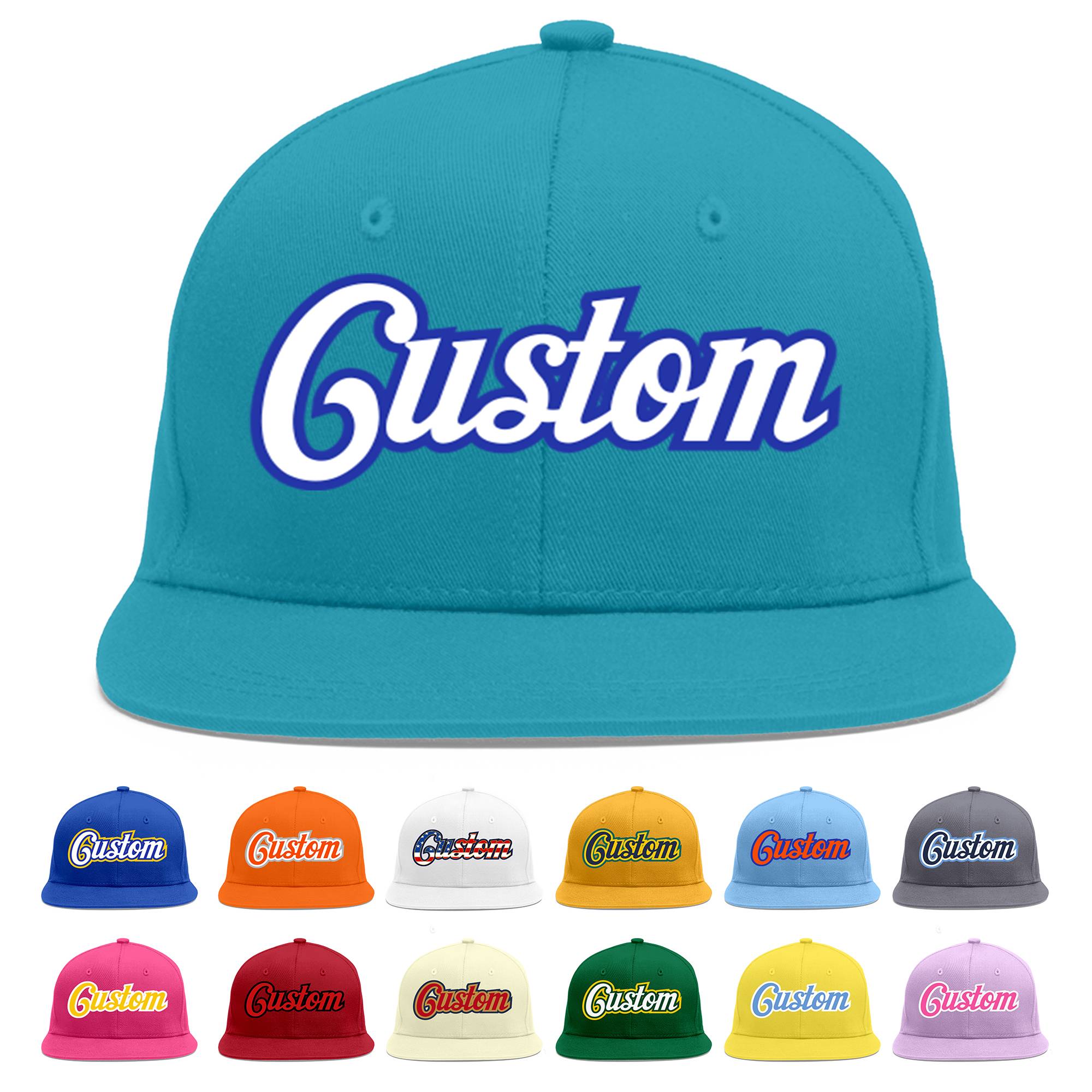 Custom Aqua White-Royal Flat Eaves Sport Baseball Cap