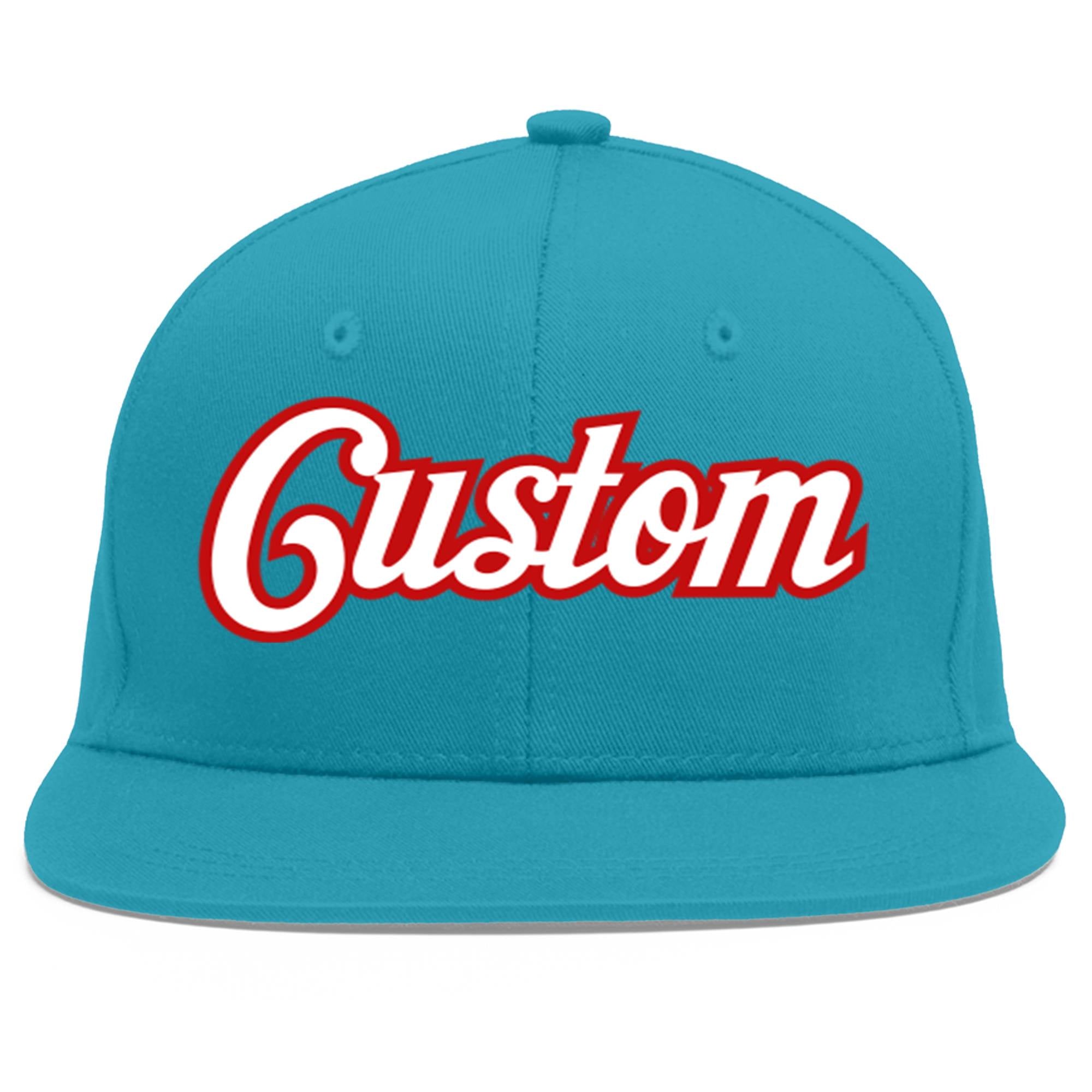 Custom Aqua White-Red Flat Eaves Sport Baseball Cap