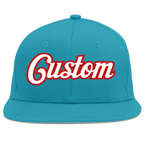 Custom Aqua White-Red Flat Eaves Sport Baseball Cap