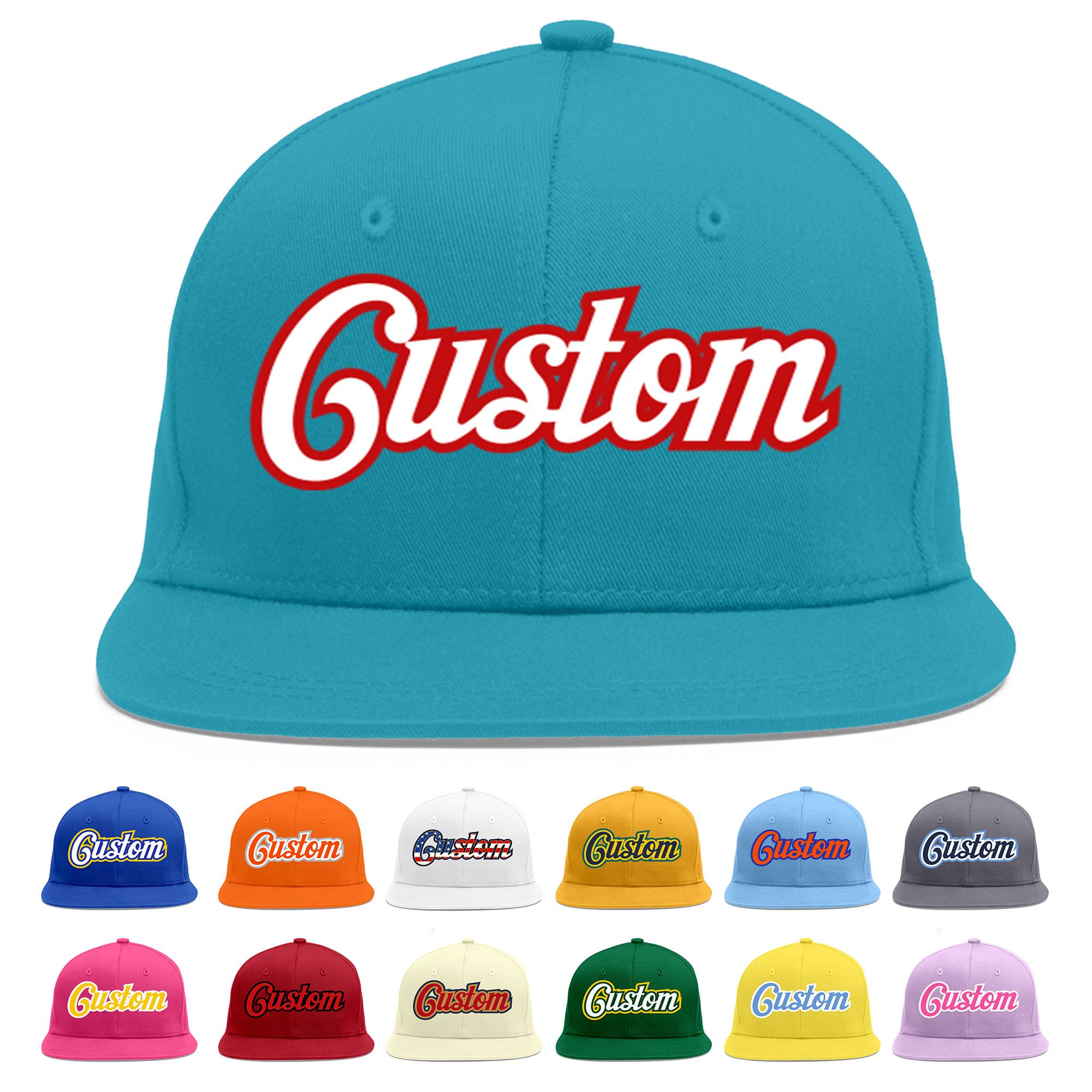 Custom Aqua White-Red Flat Eaves Sport Baseball Cap