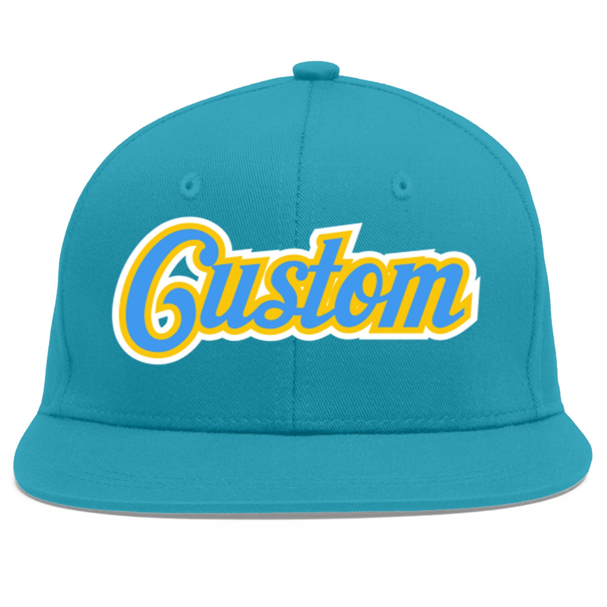 Custom Aqua Powder Blue-Gold Flat Eaves Sport Baseball Cap