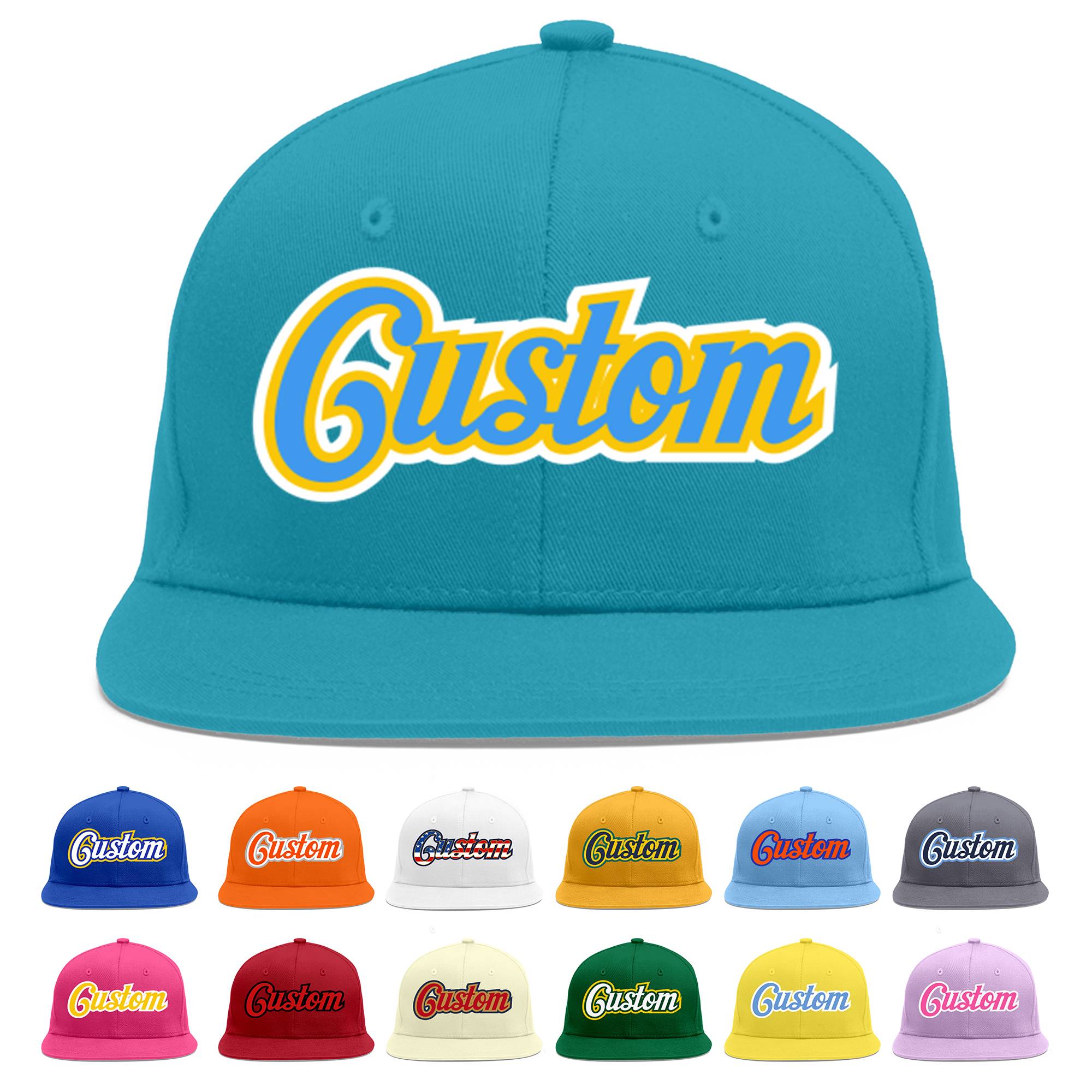 Custom Aqua Powder Blue-Gold Flat Eaves Sport Baseball Cap