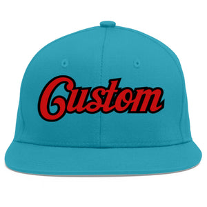 Custom Aqua Red-Black Flat Eaves Sport Baseball Cap