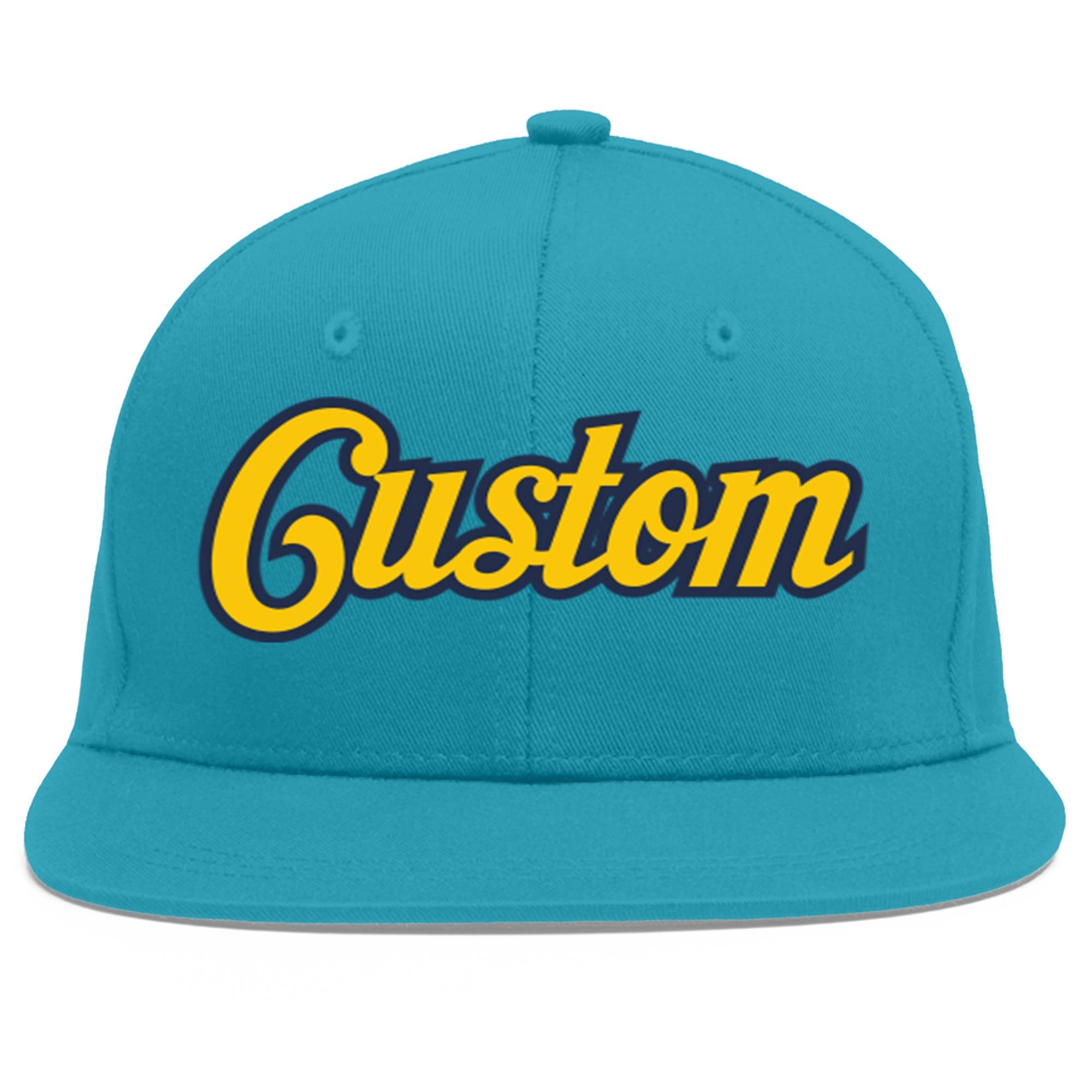 Custom Aqua Gold-Navy Flat Eaves Sport Baseball Cap