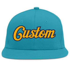 Custom Aqua Yellow-Navy Flat Eaves Sport Baseball Cap