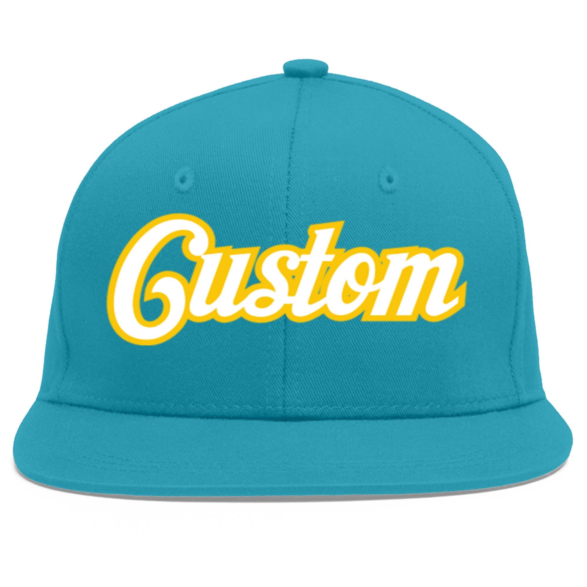 Custom Aqua White-Gold Flat Eaves Sport Baseball Cap