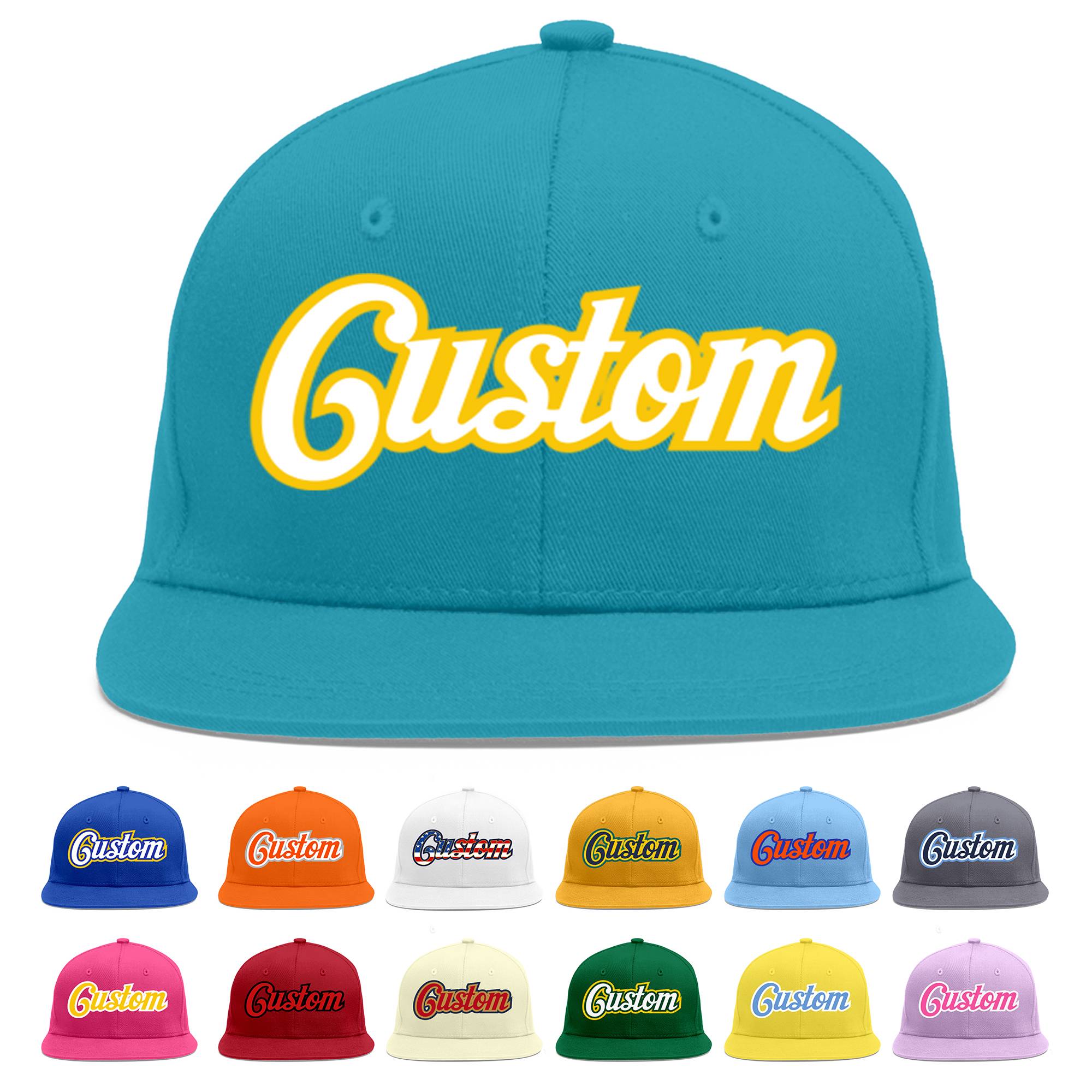 Custom Aqua White-Gold Flat Eaves Sport Baseball Cap