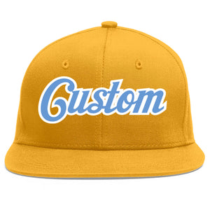 Custom Gold Light Blue-White Flat Eaves Sport Baseball Cap