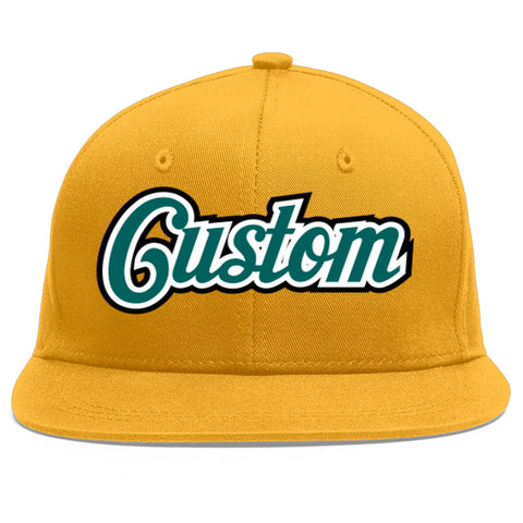 Custom Gold Aqua-White Flat Eaves Sport Baseball Cap