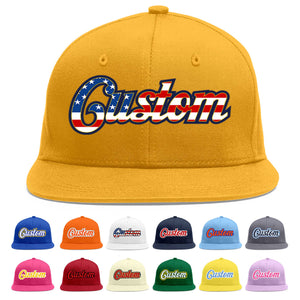 Custom Gold Vintage USA Flag-Gold Flat Eaves Sport Baseball Cap