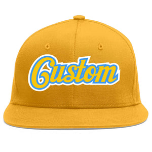 Custom Gold Gold-Powder Blue Flat Eaves Sport Baseball Cap