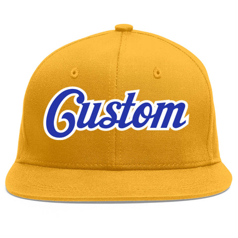 Custom Gold Royal-White Flat Eaves Sport Baseball Cap