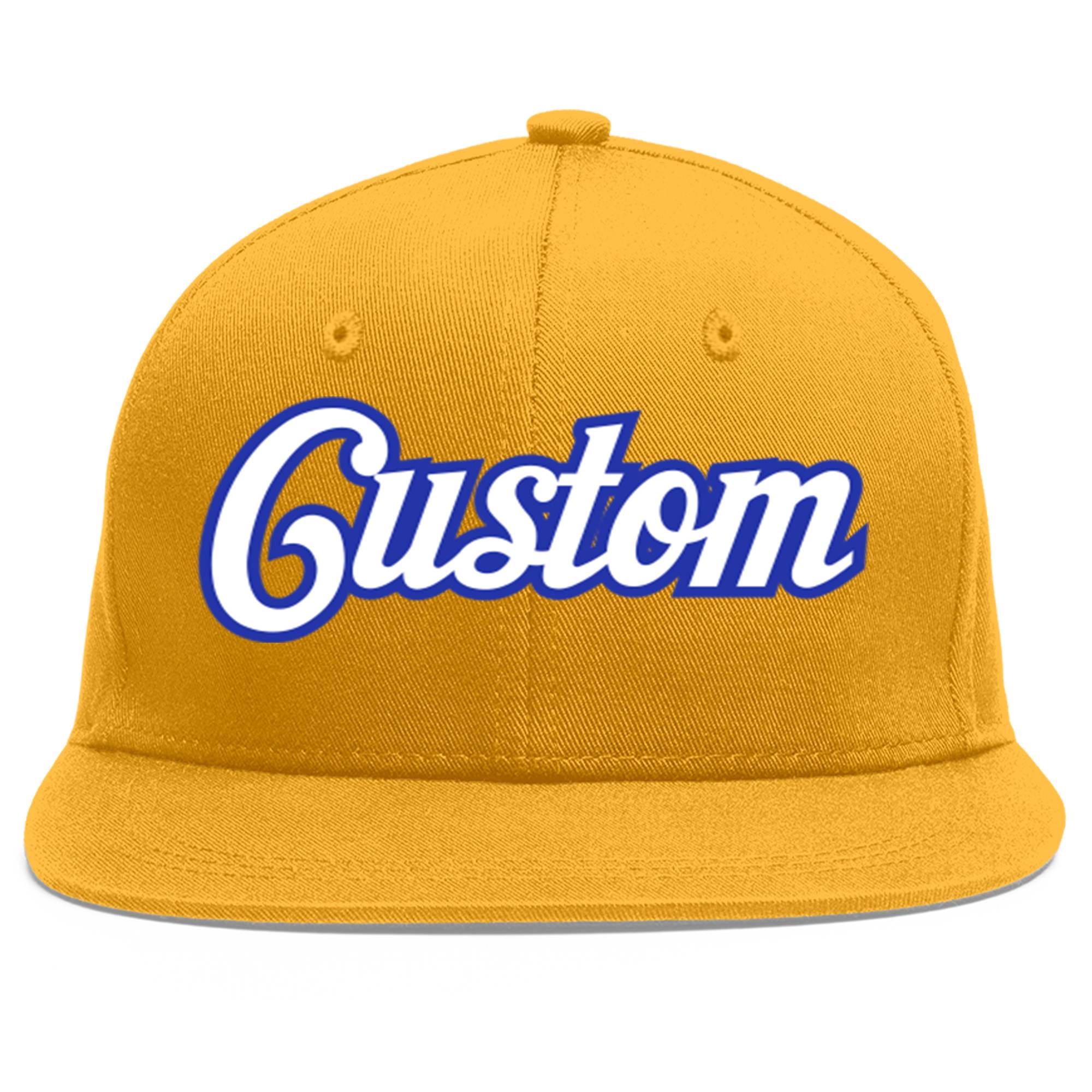 Custom Gold White-Royal Flat Eaves Sport Baseball Cap