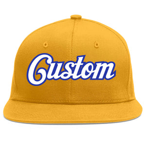 Casquette de baseball personnalisée Gold White-Royal Flat Eaves Sport