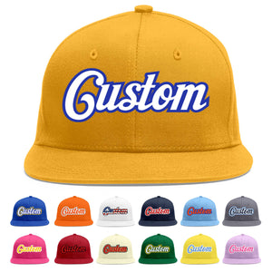 Casquette de baseball personnalisée Gold White-Royal Flat Eaves Sport