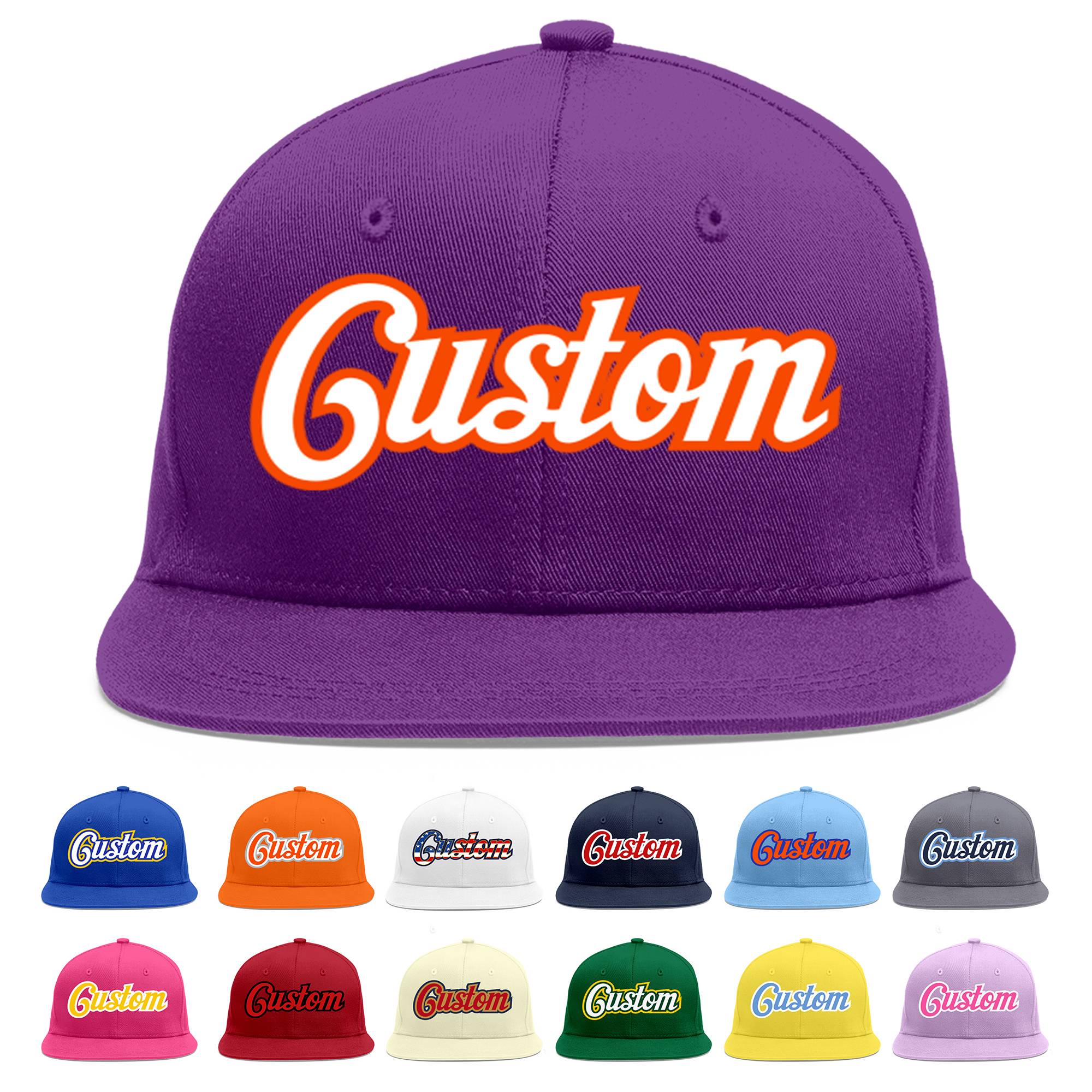 Casquette de baseball sport personnalisée violet blanc-orange à avant-toit plat