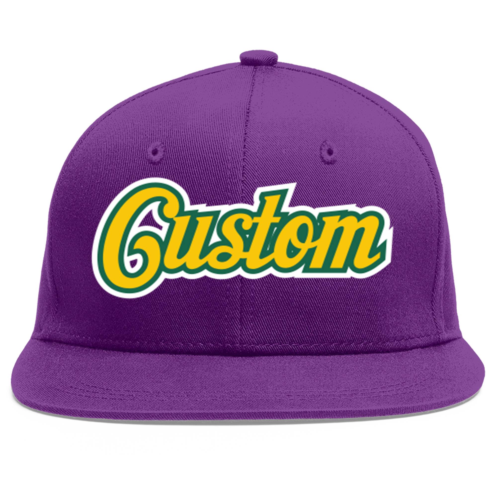 Casquette de baseball sport personnalisée violet or-Kelly vert plat avant-toit