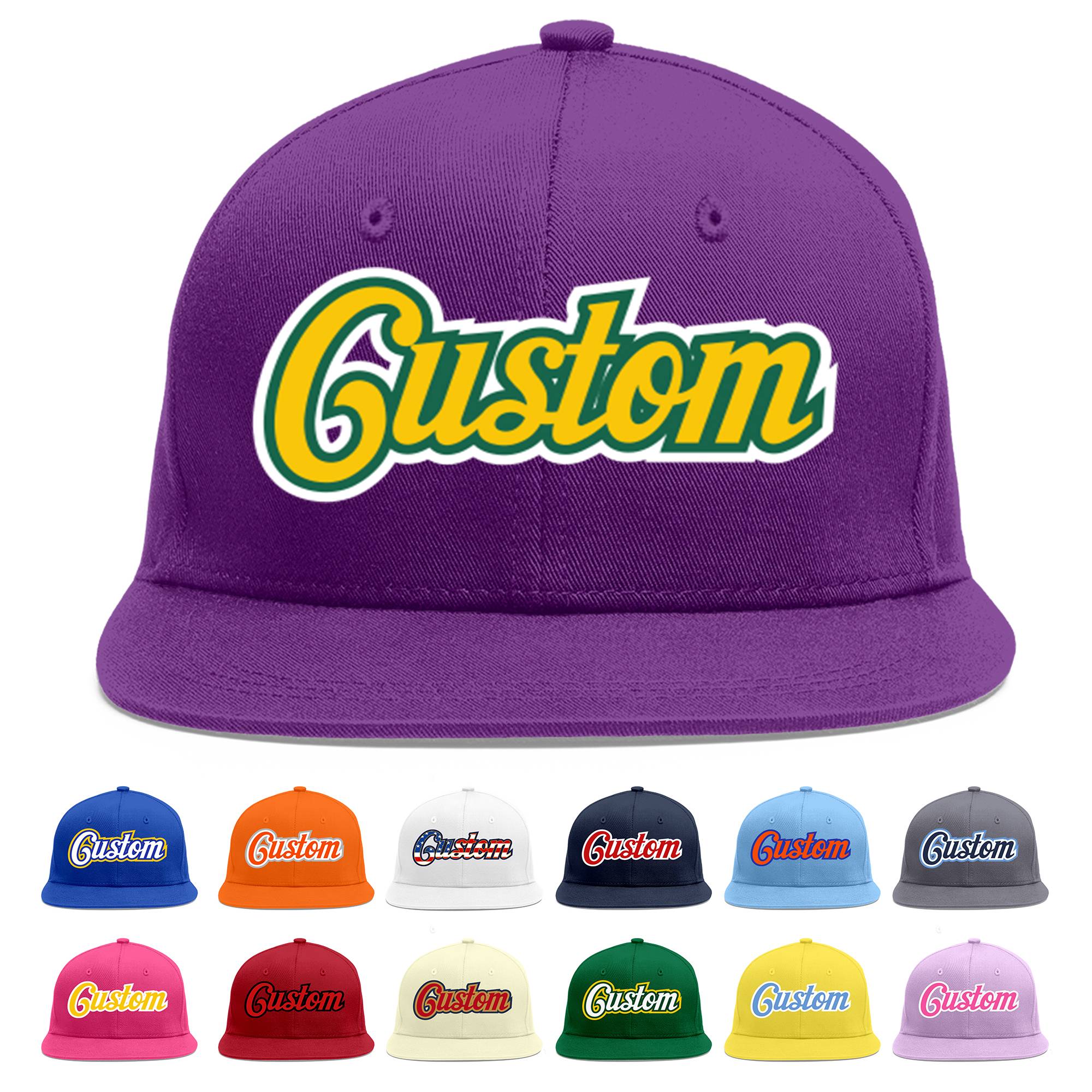 Casquette de baseball sport personnalisée violet or-Kelly vert plat avant-toit