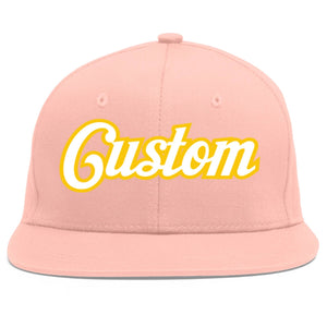 Custom Pink White-Gold Flat Eaves Sport Baseball Cap