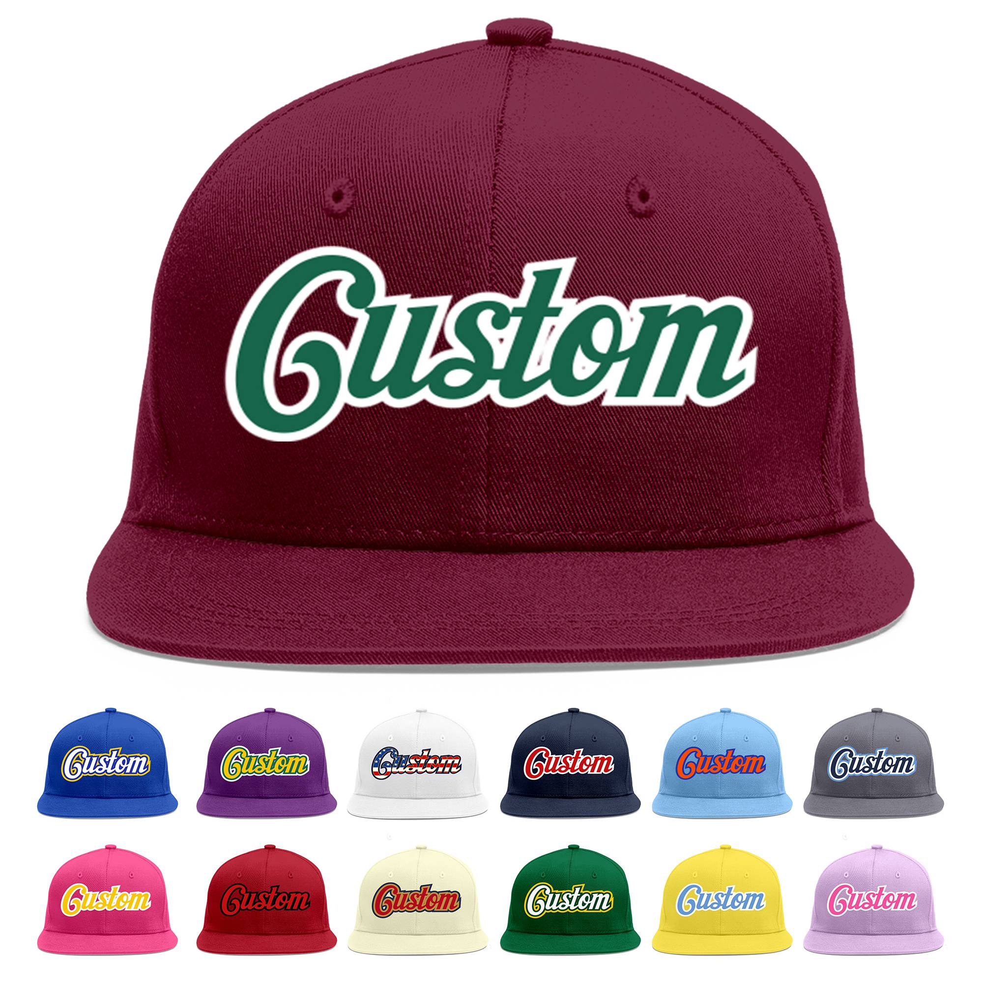 Custom Crimson Kelly Green-White Flat Eaves Sport Baseball Cap