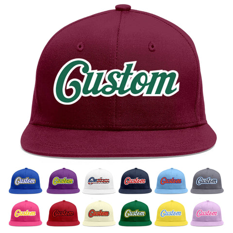 Custom Crimson Kelly Green-White Flat Eaves Sport Baseball Cap