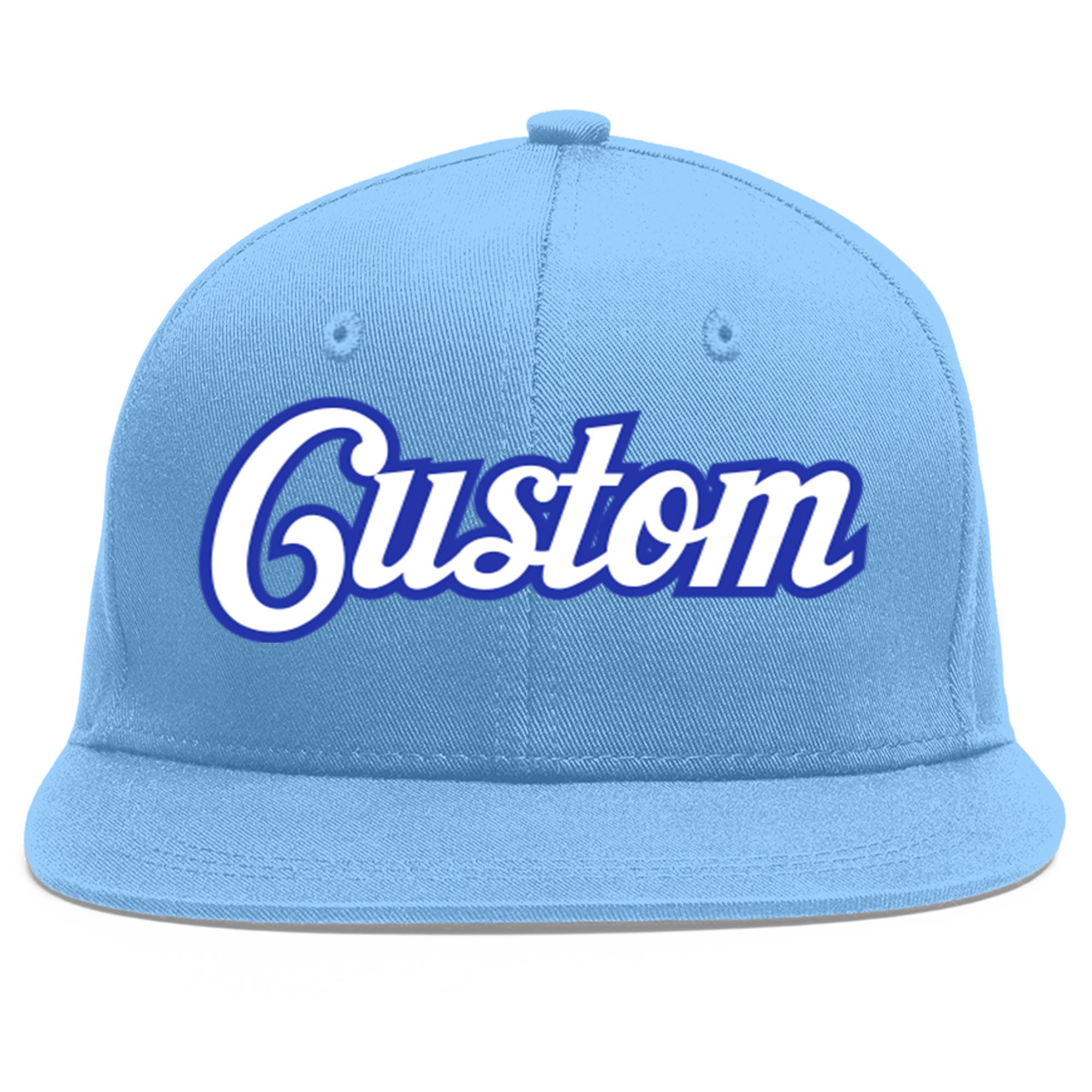 Custom Light Blue White-Royal Flat Eaves Sport Baseball Cap