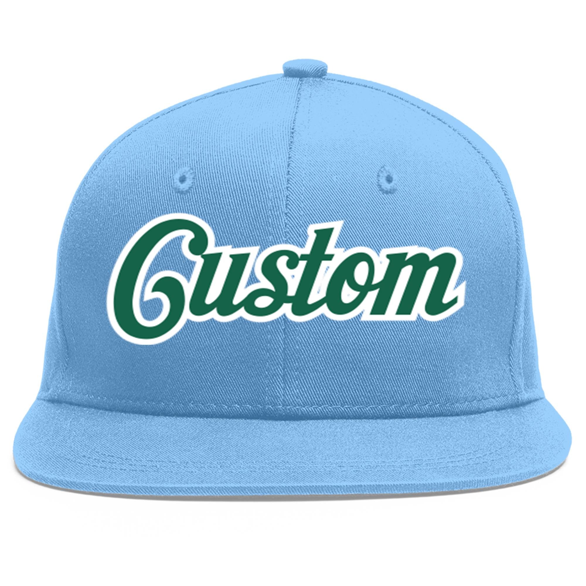 Custom Light Blue Kelly Green-White Flat Eaves Sport Baseball Cap