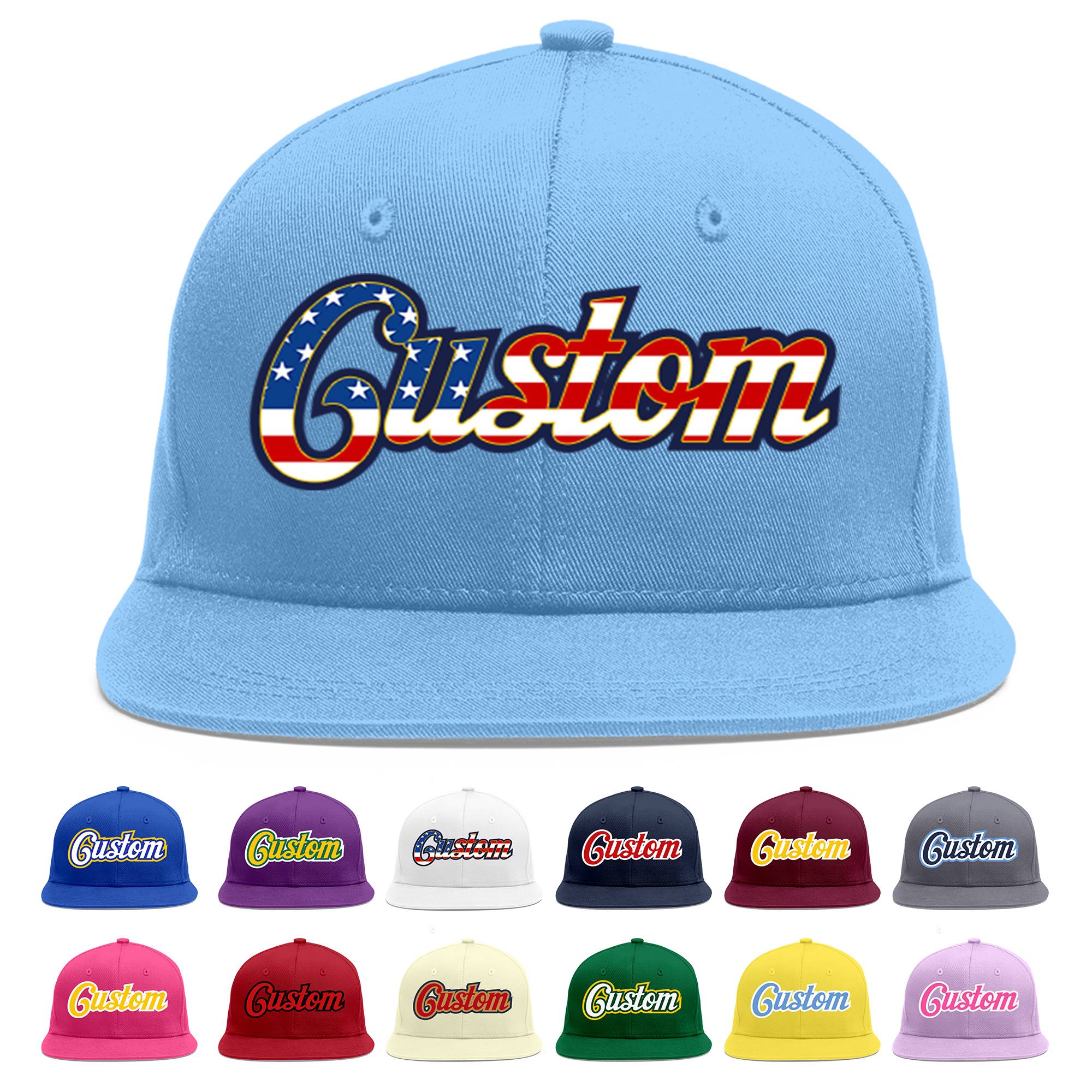 Custom Light Blue Vintage USA Flag-Gold Flat Eaves Sport Baseball Cap