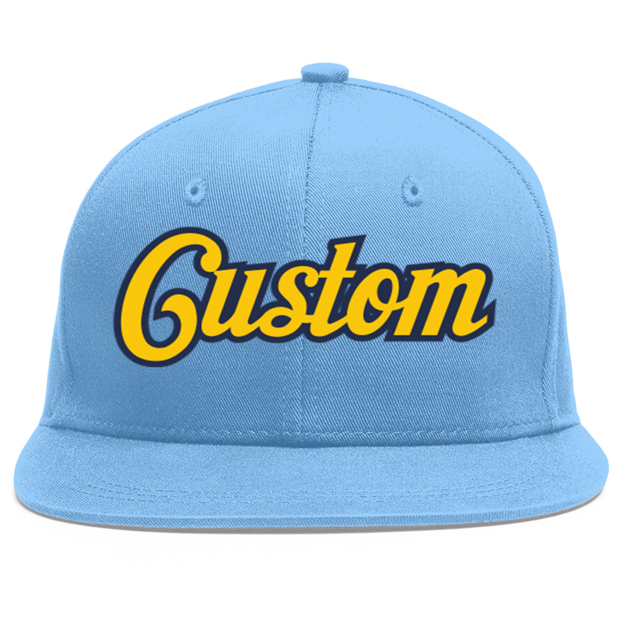 Custom Light Blue Gold-Navy Flat Eaves Sport Baseball Cap