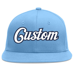 Custom Light Blue White-Navy Flat Eaves Sport Baseball Cap