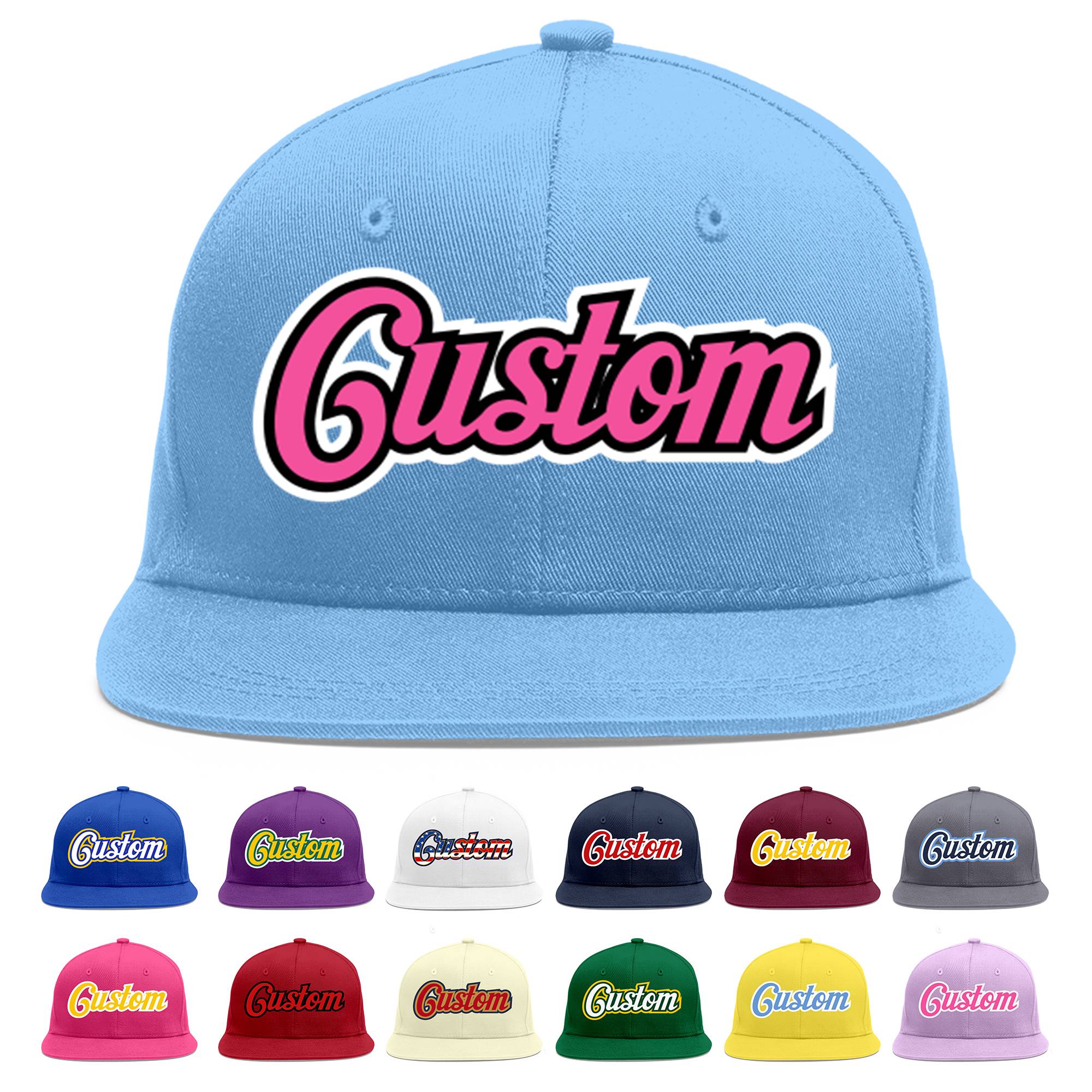 Custom Light Blue Pink-Black Flat Eaves Sport Baseball Cap