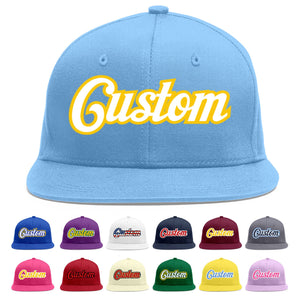 Custom Light Blue White-Gold Flat Eaves Sport Baseball Cap