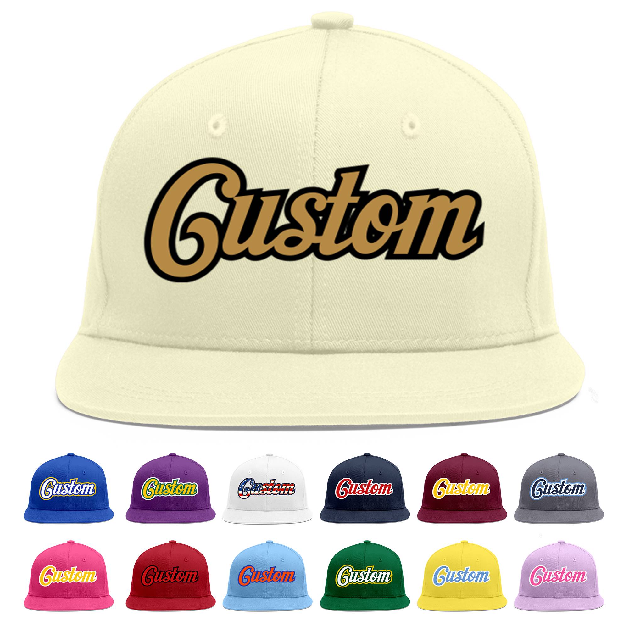 Custom Cream Old Gold-Black Flat Eaves Sport Baseball Cap