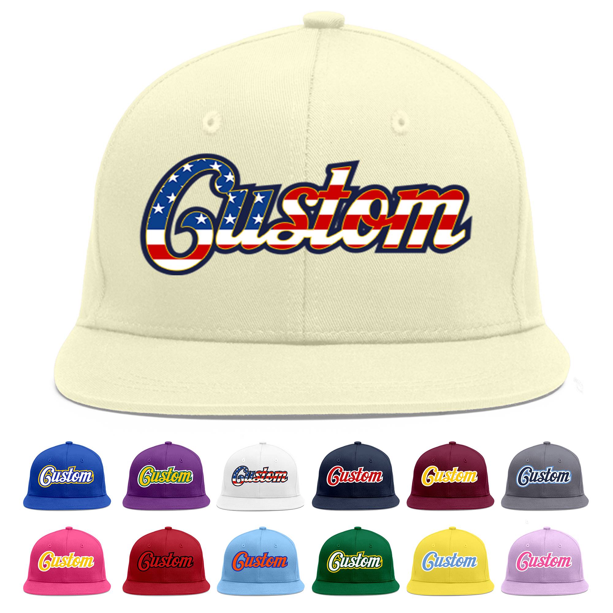 Custom Cream Vintage USA Flag-Gold Flat Eaves Sport Baseball Cap