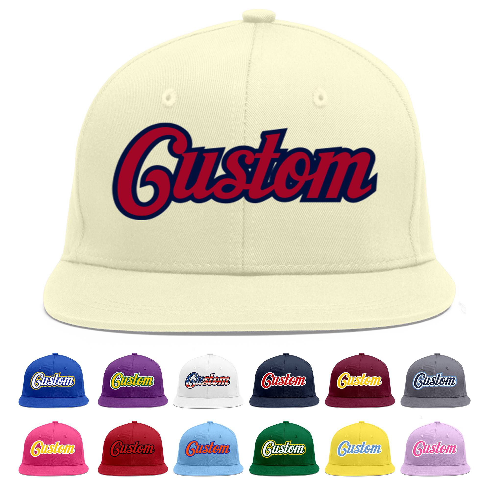 Custom Cream Red-Navy Flat Eaves Sport Baseball Cap