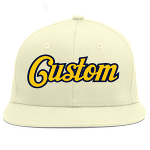 Custom Cream Gold-Navy Flat Eaves Sport Baseball Cap