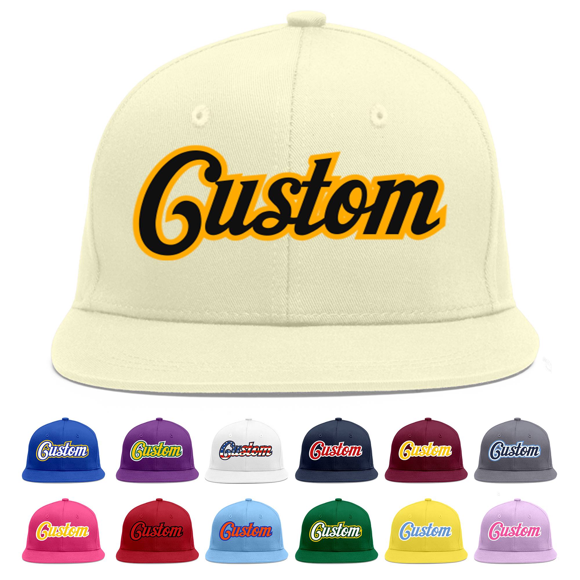 Custom Cream Black-Yellow Flat Eaves Sport Baseball Cap