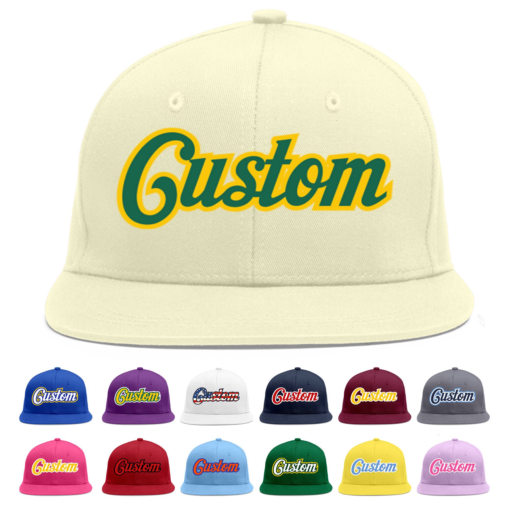 Custom Cream Kelly Green-Gold Flat Eaves Sport Baseball Cap