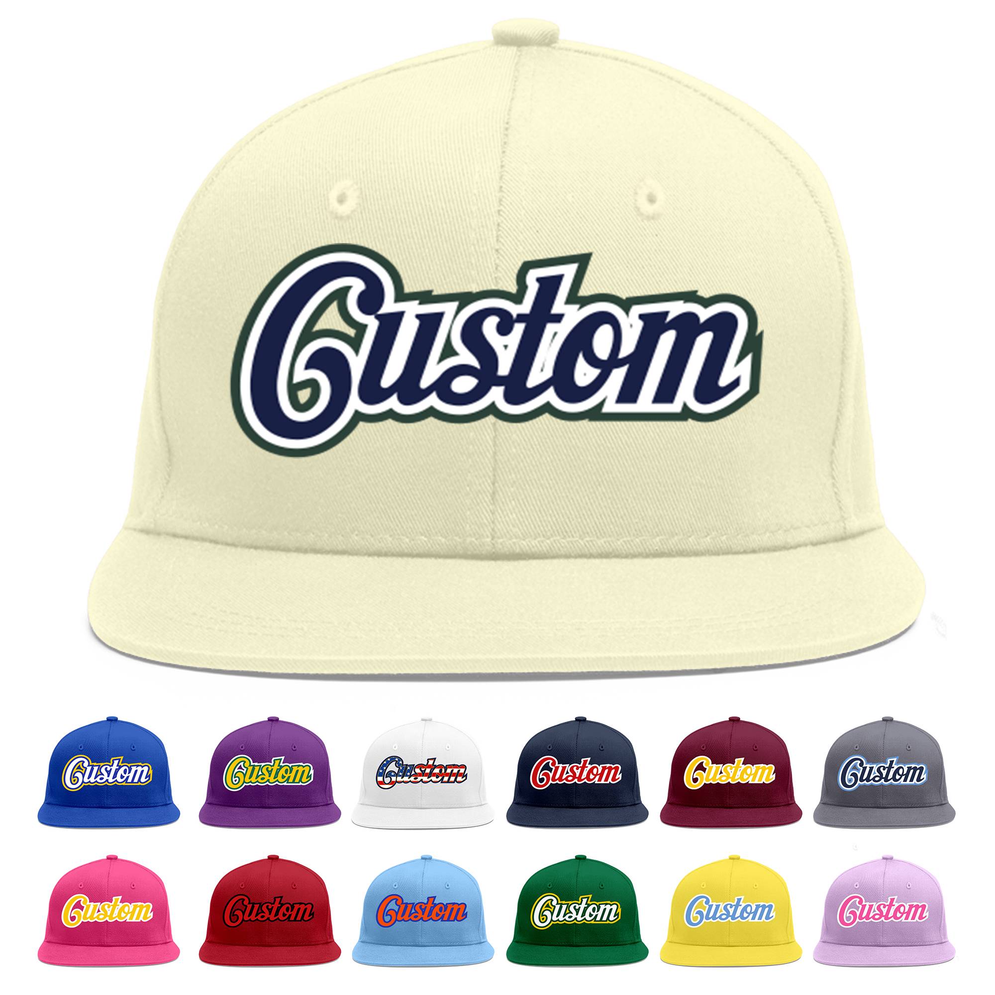 Custom Cream Navy-White Flat Eaves Sport Baseball Cap