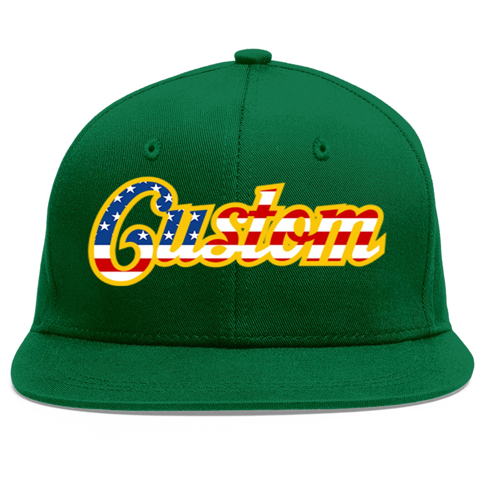 Custom Green Vintage USA Flag-Gold Flat Eaves Sport Baseball Cap