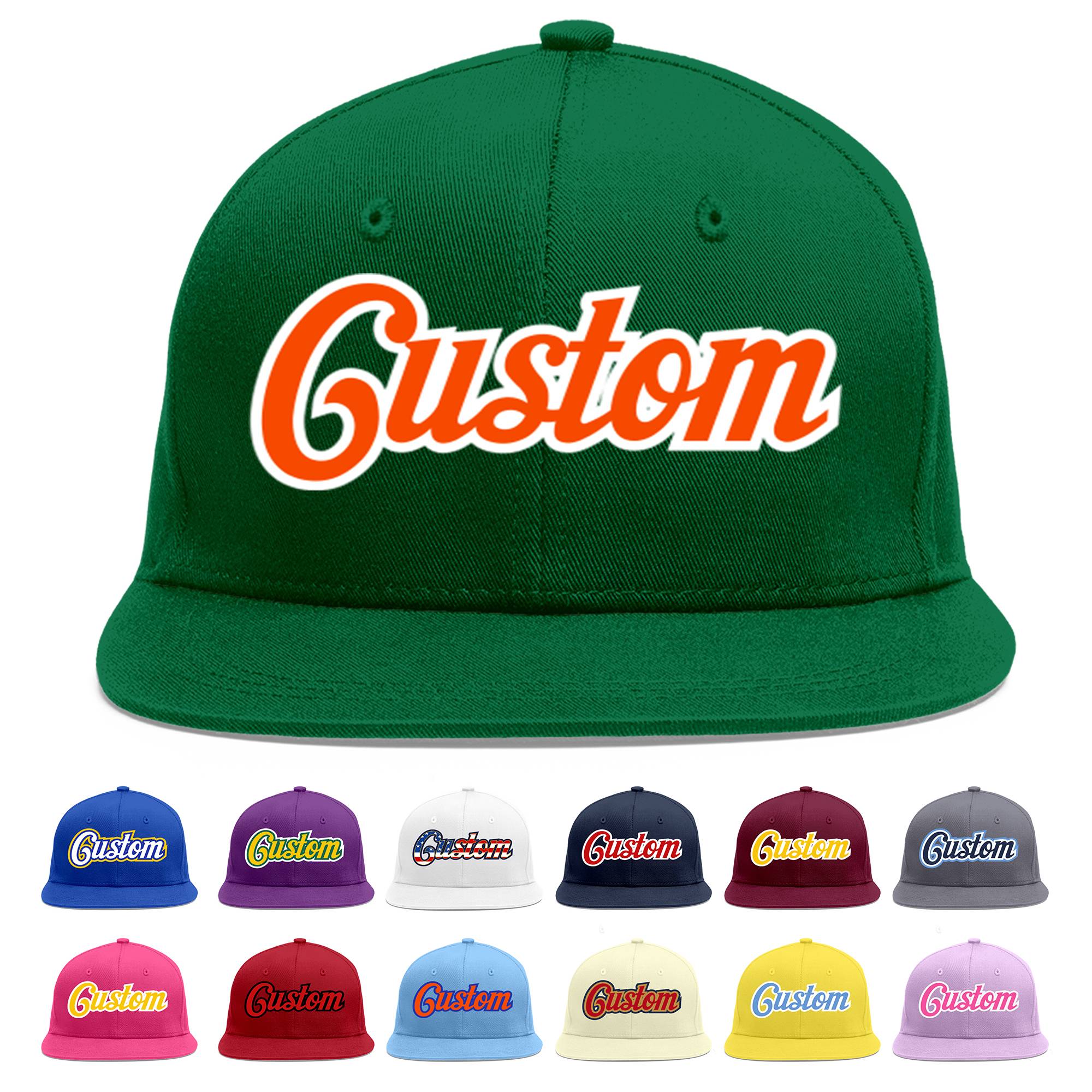 Custom Green Orange-White Flat Eaves Sport Baseball Cap